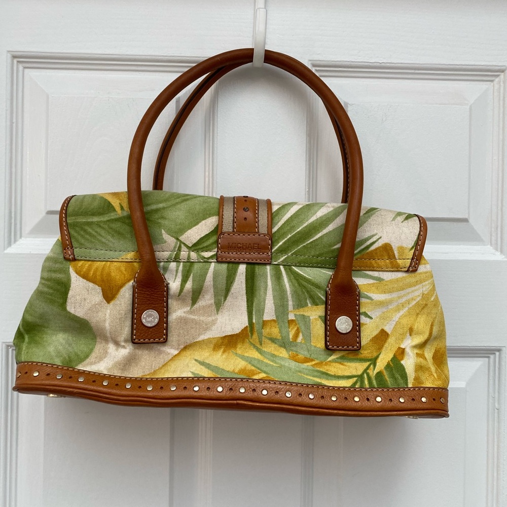 Michael Kors Tropical Leaf Canvas Bag with Leather Trim and Snap Closure - Picture 6 of 15